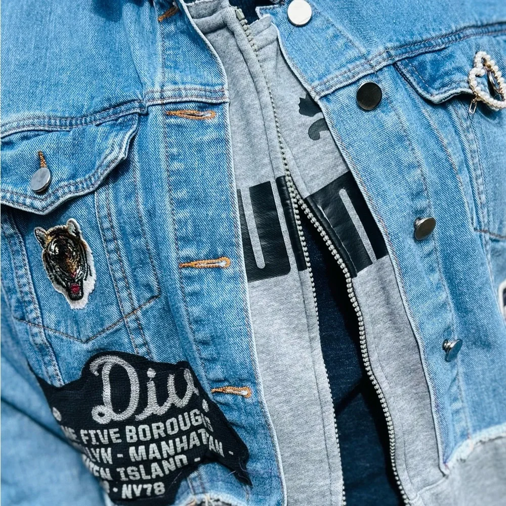 New York Yankees adorned jean jacket w/ vintage flair and attached Puma zip up. - Picture 10 of 16